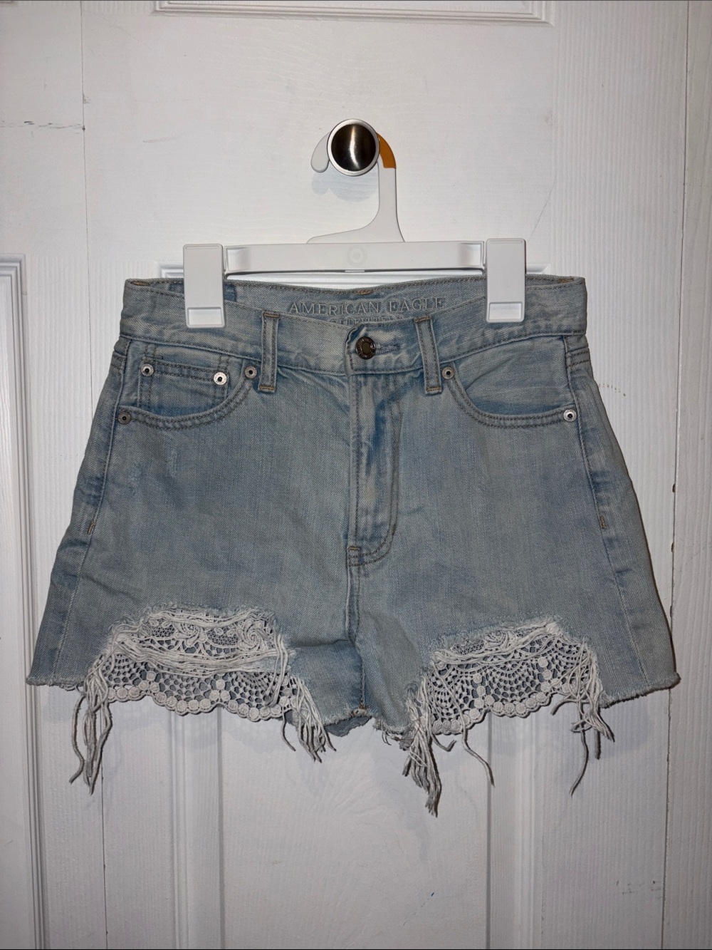 American Eagle Outfitters Light Wash Denim Shorts with Crochet Hem